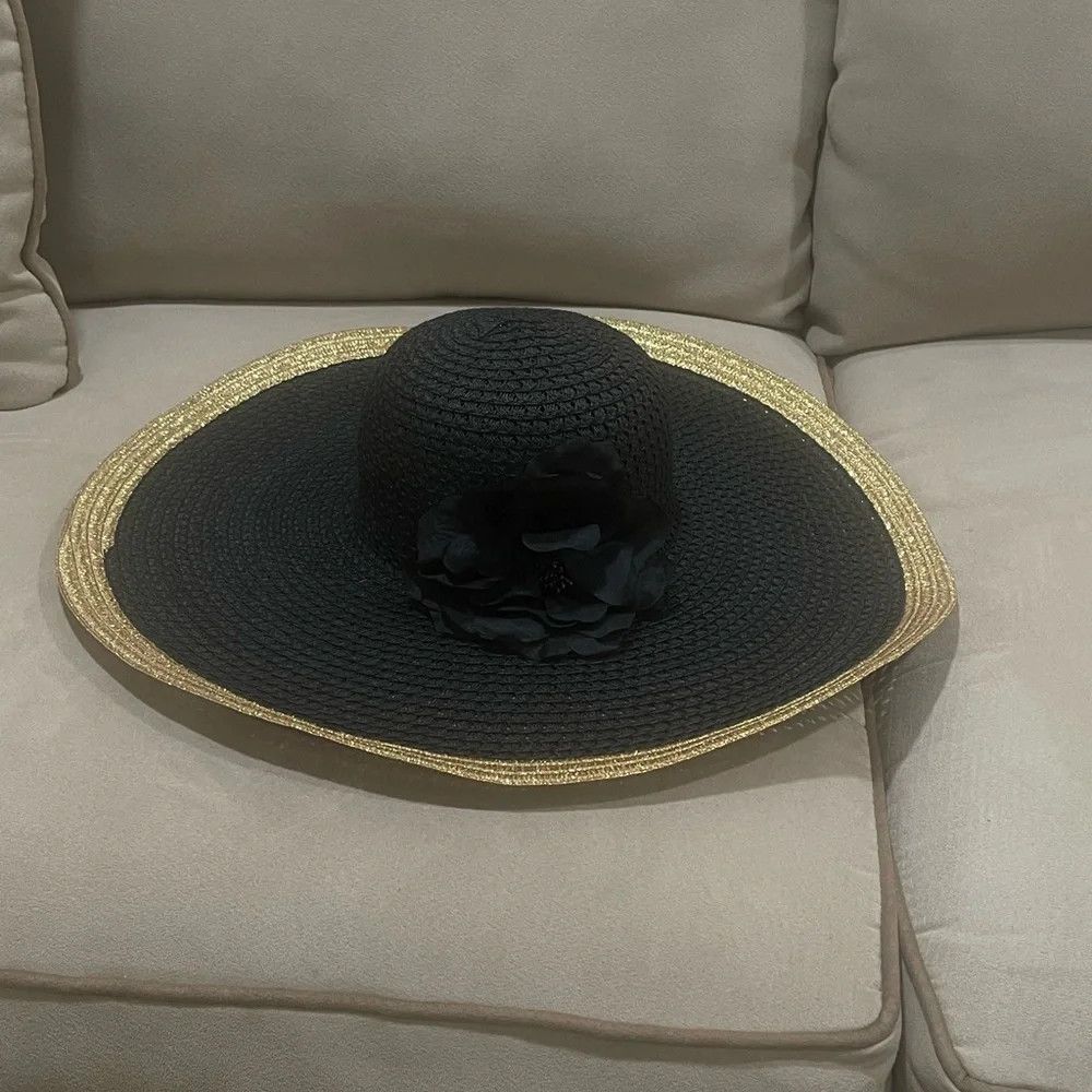 Apt 9 Floppy Straw Beach Sun Hat With Flower Vacation Summer Gold Black One Size - Picture 6 of 8